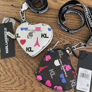 NEW! Karl Lagerfeld Heart Zip Coin Purse / Lanyard -Red/ Pink/ White/ Black